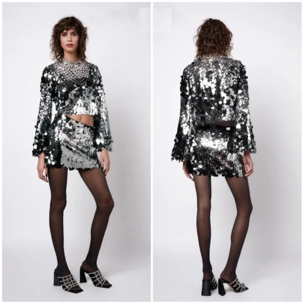 Zara Special Edition Silver Paillette Sequin Mini Skirt Small S